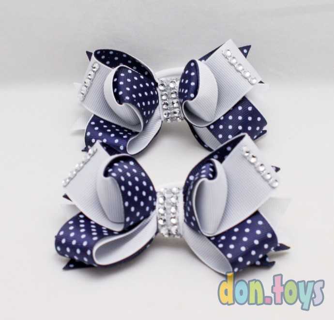 Резиночки Бантики в горошек синие с серым., фото 5