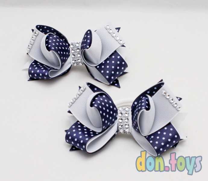 Резиночки Бантики в горошек синие с серым., фото 1